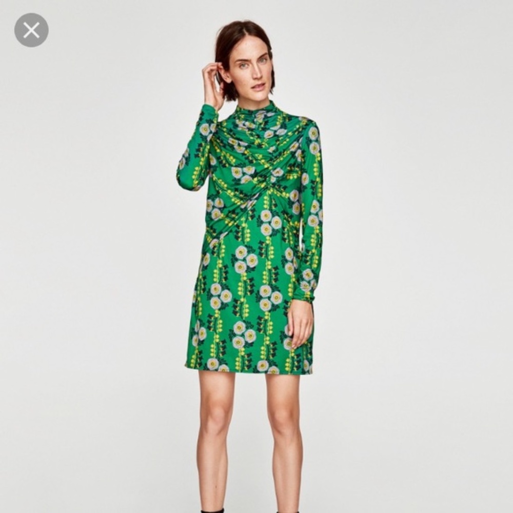 Zara green floral ruched dress